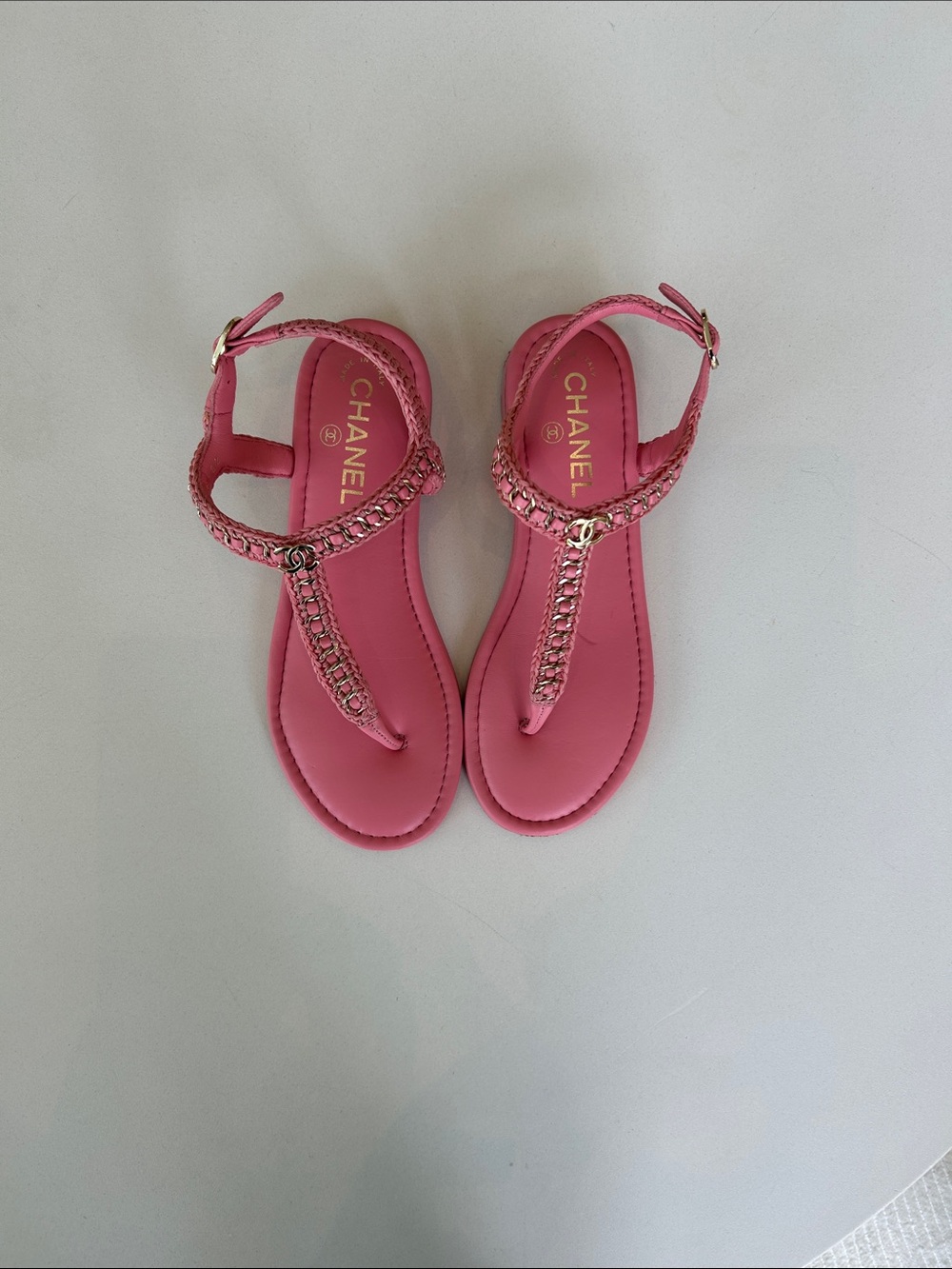 CHANEL Pink Braided T-Strap Sandals